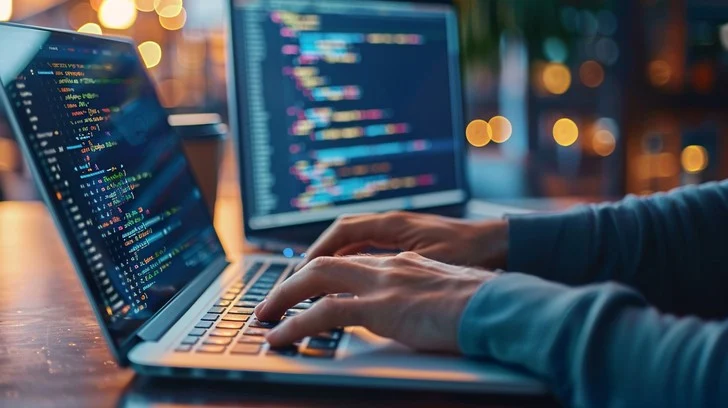 Laptop showing code on screen representing learning mobile and web development